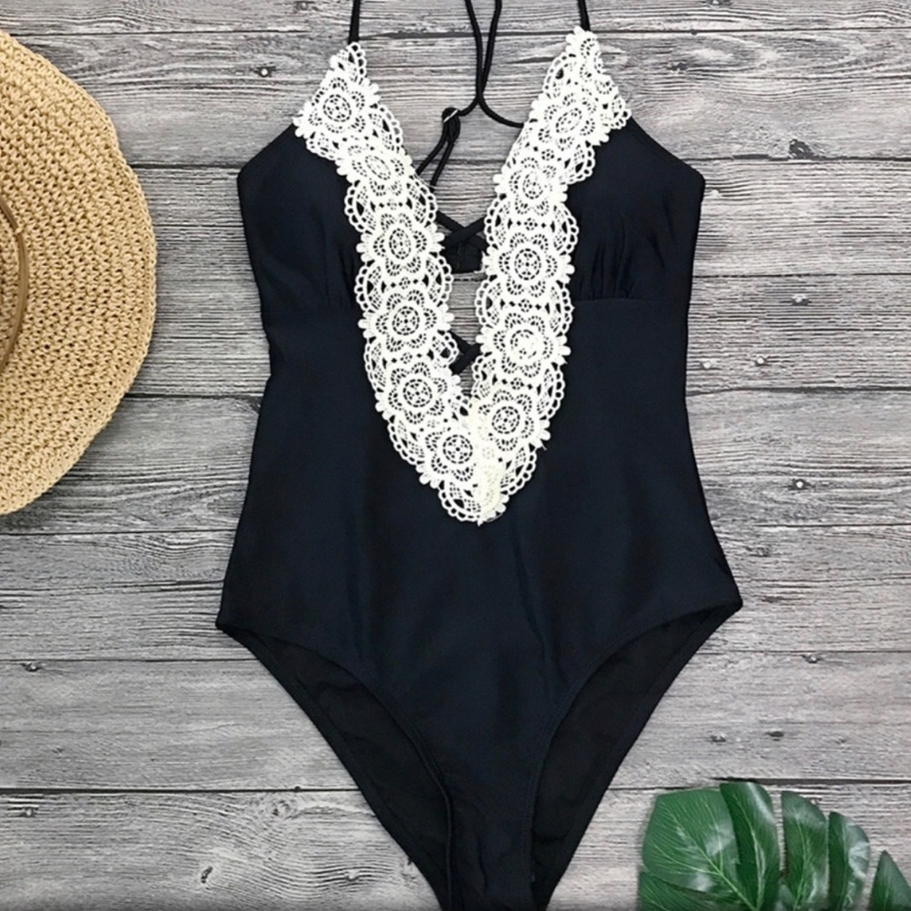 New [Monokini] Black Embroidered One Piece